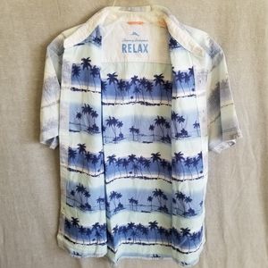 Tommy Bahama Relax Large Reverse Print Hawaiian Aloha Shirt Palm Leaf Blue Beach